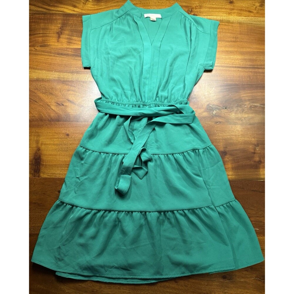 Monteau Los Angeles Green Tiered Mini Dress Sz S Smocked Elastic Waist Belted